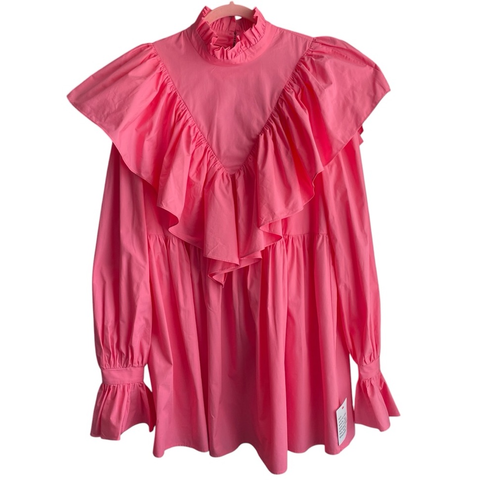 ASOS EDITION High neck Ruffle Mini dress Size 10 Pink Romantic Oversized Cuffs - Picture 3 of 10